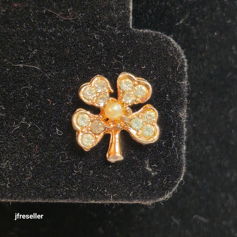 Vintage Gold Tone Four Leaf Clover Pin Faux Pearl Rhinestone Lucky Brooch